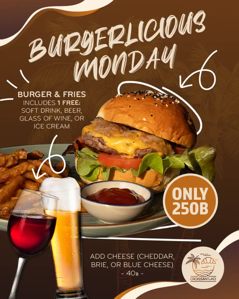 Burger | Tasty | Juicy | Fries | Soft Drink | Beer | Wine | Ice Cream | Cheese | Croissant & Ko | Koh Tao