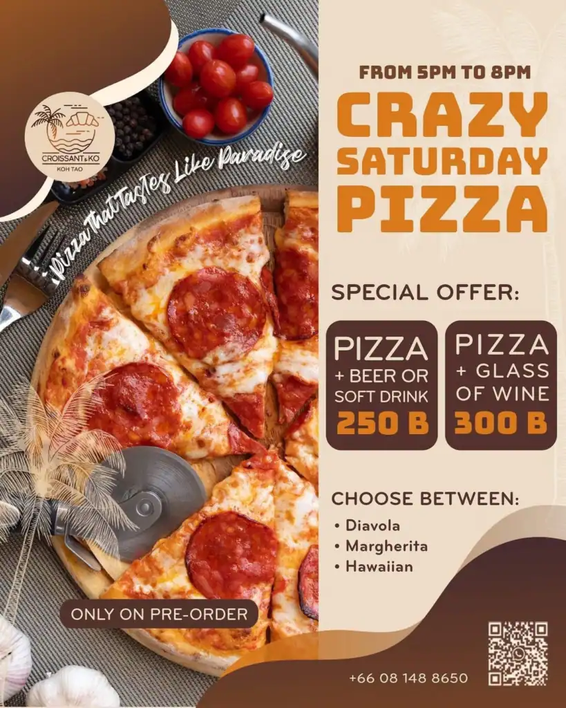 Pizza Promo | Diavola Pizza | Marghertita Pizza | Hawaiian Pizza | Beer | Wine | Croissant & Ko | Koh Tao