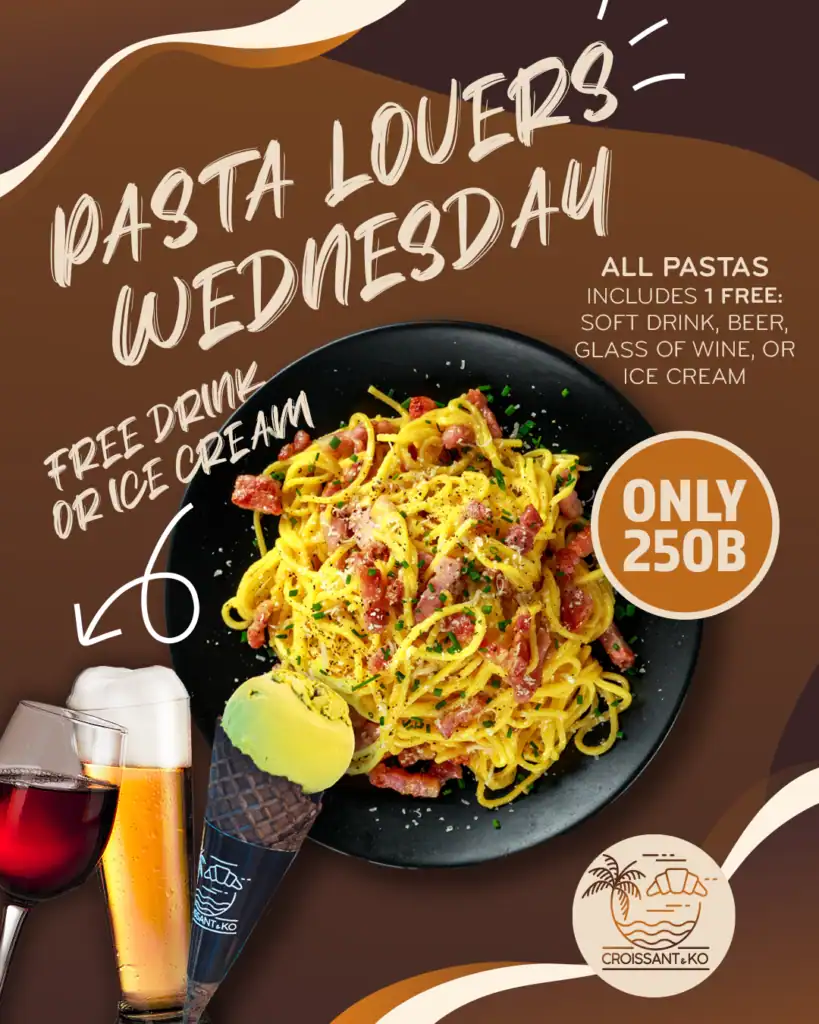 Pasta | Carbonara | Al Pomodoro | Bolognaise | Pesto Penne | Ice Cream | Beer | Wine | Soft Drink | Croissant & Ko | Koh Tao