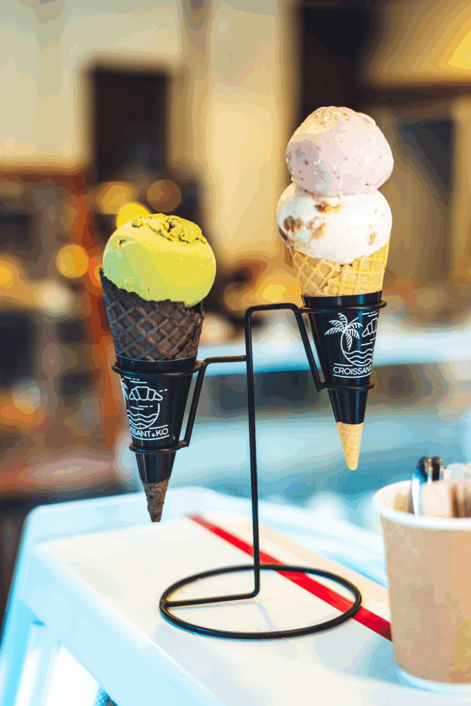 Ice cream | Creamy | Vainilla Cone | Chocolate Cone | Many Flavors | Smooth | Homemade | Sweet | Soft | Croissant & Ko | Koh Tao